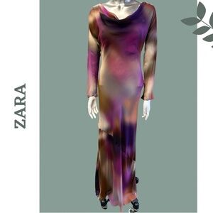 Zara Watercolor Floor Length Chiffon Evening Dress Backless Lined Size Large